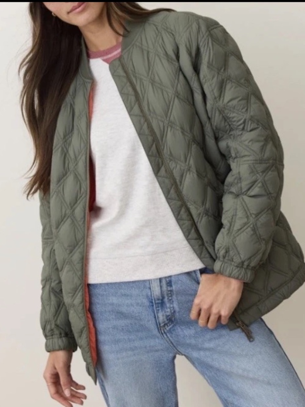 MARINE LAYER Marina Quilted  Down Oversized Bomber Olive Zip Jacket Pockets Sz M - Picture 4 of 15